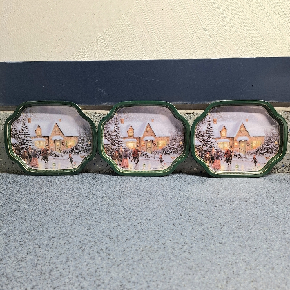 Thomas Kinkade 2003 "Skater's Pond" Mini Metal Serving Trays, Set of 3❄️